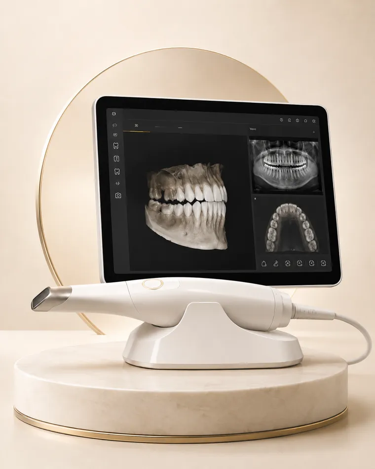 Digital dental scanner beside a 3D scan of a jaw on screen