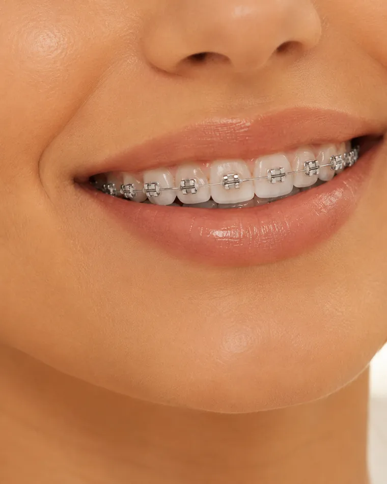 Close-up of a smile wearing braces