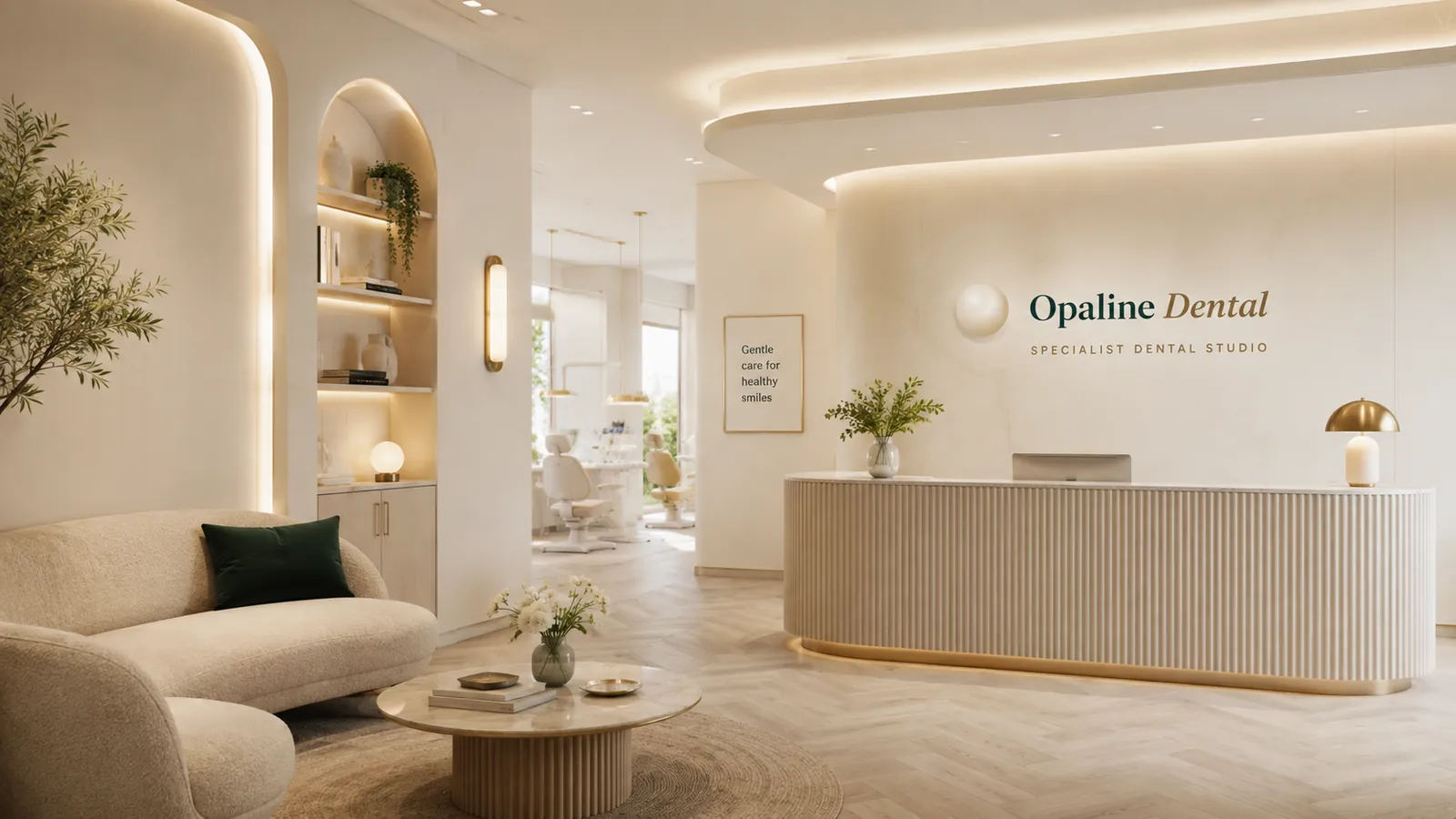 The Opaline Dental Studio reception and lounge: ivory walls, a curved boucle sofa, pale herringbone floors and brass lighting